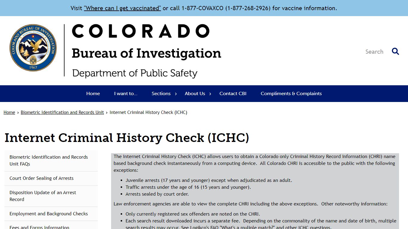 Internet Criminal History Check (ICHC) | Colorado Bureau of Investigation